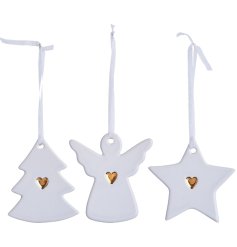 An assortment of 3 ceramic Christmas hanging decorations each with a festive themed outline and gold detail centre.