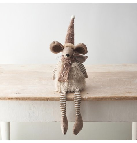 An adorable Christmas mouse decoration in natural colours. Complete with a faux fur jacket and knitted accessories. 