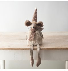 A chic natural sitting mouse with large ears and an adorable winter outfit. 