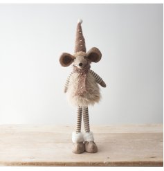 A charming mouse decorations in natural colours with a knitted hat and scarf, faux fur gilet and stripy tights. 