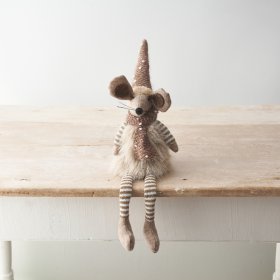 A charming fabric mouse shelf sitter. A natural seasonal interior accessory with texture and pattern. 