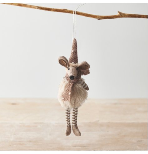 An adorable hanging mouse decoration. Beautifully detailed with a variety of textures and patterns in neutral colours. 