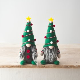 An assortment of 2 fabulous Christmas tree gonk decorations. Each has a tree hat adorned with fabric lights and a star. 