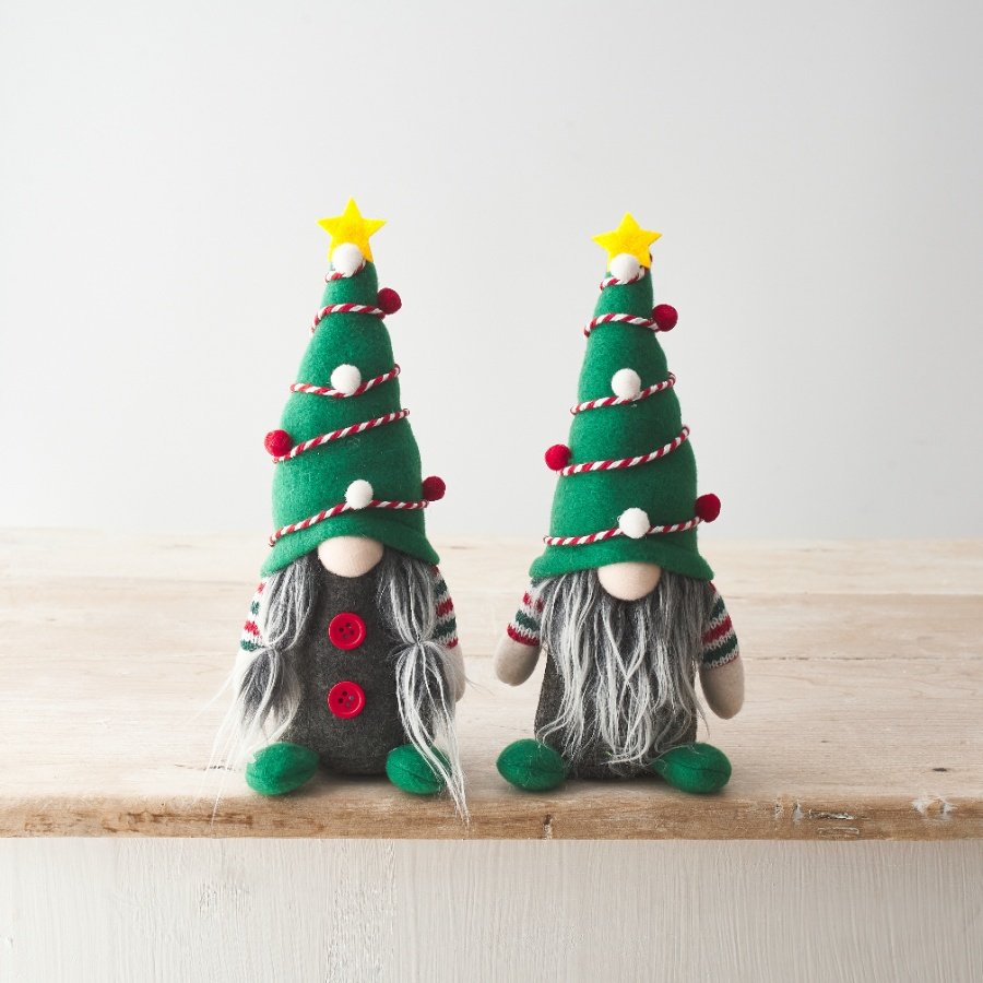 An assortment of 2 fabulous Christmas tree gonk decorations. Each has a tree hat adorned with fabric lights and a star. 