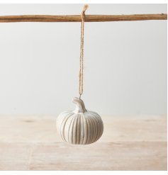 A chic ceramic pumpkin with a natural glaze and rustic jute string hanger. 