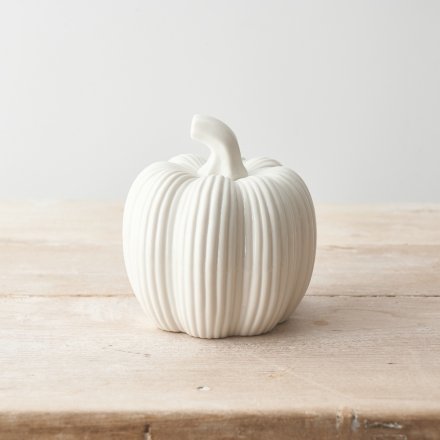 A charming ceramic pumpkin with ribbed effect.
