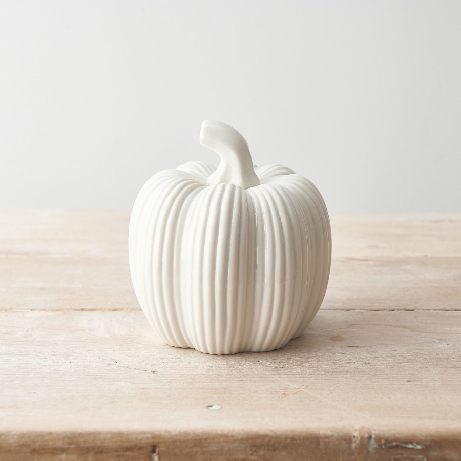 A charming ceramic pumpkin with ribbed effect.