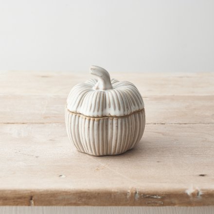 A ceramic pot shaped as a pumpkin with a white colour scheme and striped detailing. 