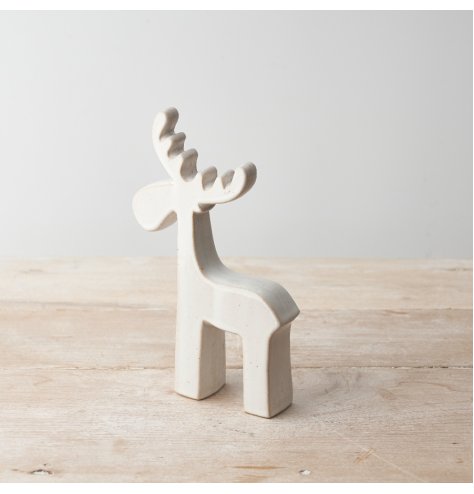 A contemporary reindeer ornament with a rustic finish and natural glaze 