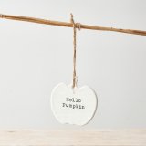 Hello Pumpkin. A chic ceramic sign with a stamped slogan and jute string hanger. 