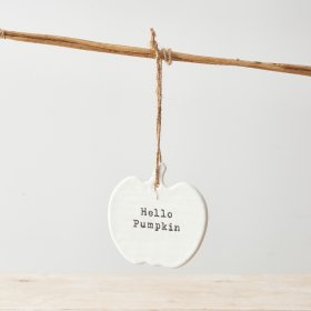 A charming white ceramic pumpkin shaped hanging decoration with a stamped Hello Pumpkin slogan. 