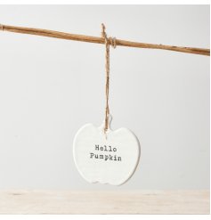 Hello Pumpkin. A chic ceramic sign with a stamped slogan and jute string hanger. 