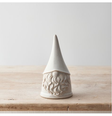 A stylish ceramic gonk ornament with a curly beard design and contrasting edge detail. 