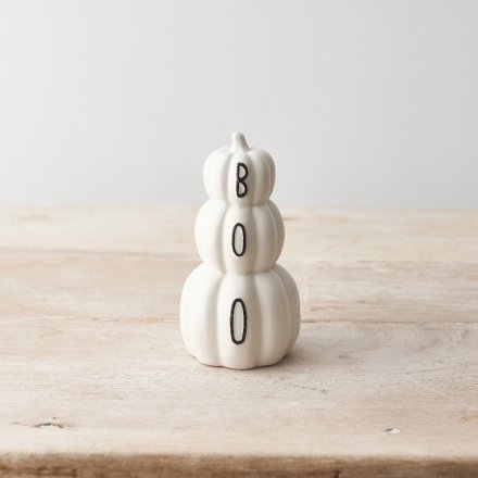 Dress the home in style this season with this unique white ceramic pumpkin stack with BOO slogan. 