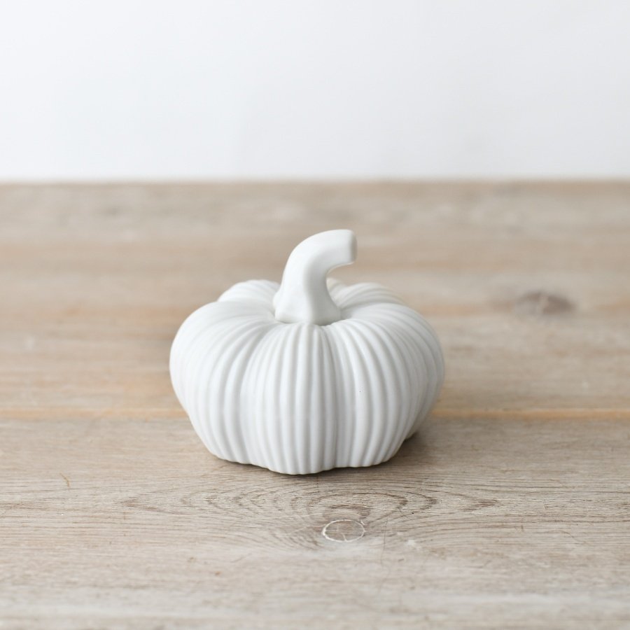 A stylish ceramic pumpkin with an attractive ribbed surface.