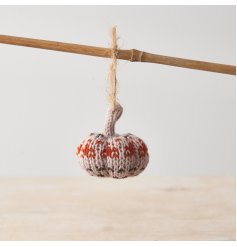 Fall in love with this adorable knitted pumpkin in burnt orange and earthy tones. Complete with a jute string hanger.