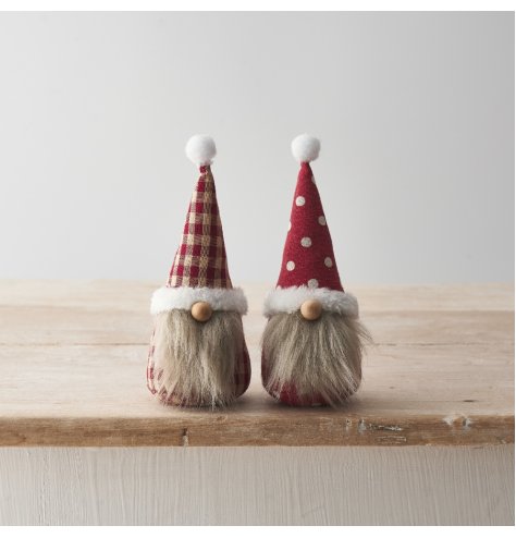 2 Assorted fabric gonk decoration featuring fluffy beards, bead noses and gingham or polka dot patterns. 