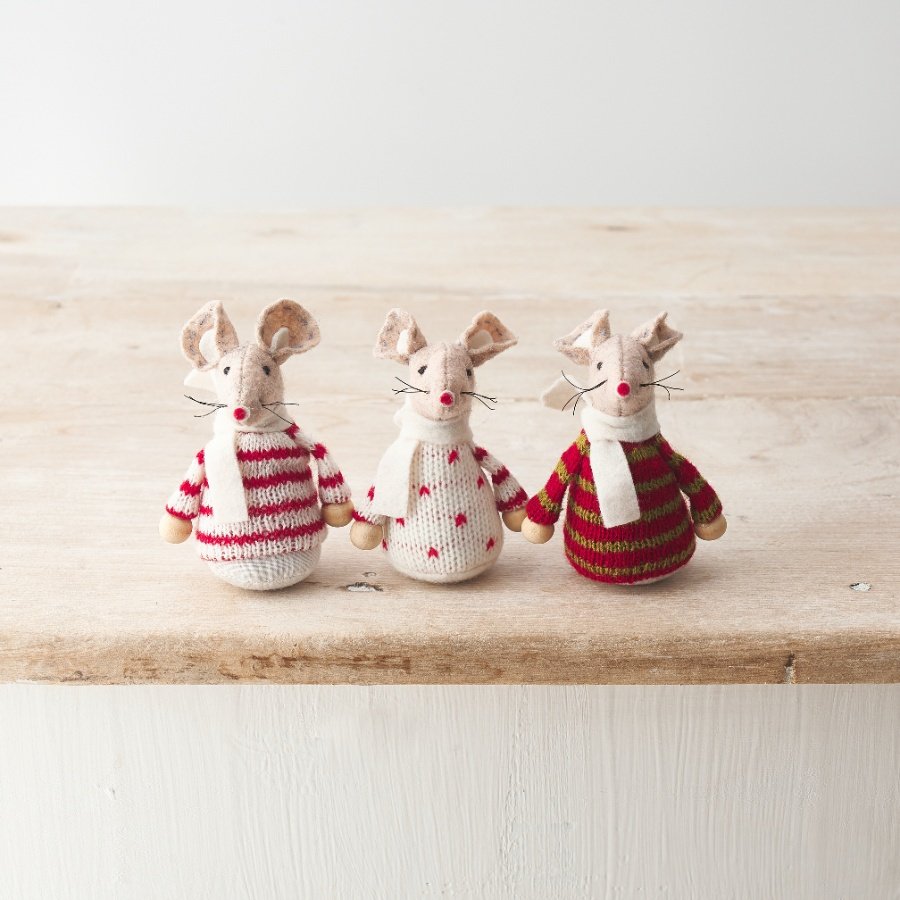 An assortment of 3 adorable felt mice decorations, each with patterned jumpers, cute red noses and scarf detail. 