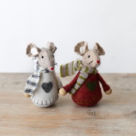 Two adorable, fabric mice with stripy scarves and jumpers bearing love hearts.