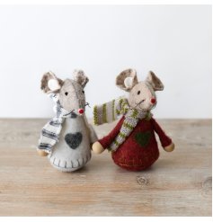 Two adorable, fabric mice with stripy scarves and jumpers bearing love hearts.