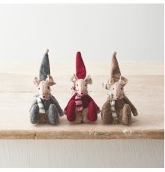 An assortment of 3 cute felt mice decorations with pointy hats and striped knitted scarves.