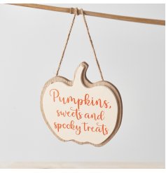 Pumpkins, sweets and spooky treats. A chic wooden sign with jute string hanger.