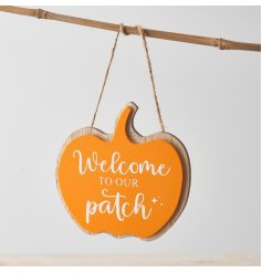 Welcome To Our Patch. A colourful and cute double layered pumpkin sign with jute string hanger.