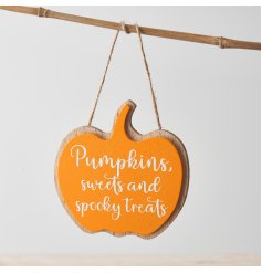 A colourful and unique pumpkin shaped hanging plaque with a charming Spooky Treats slogan.