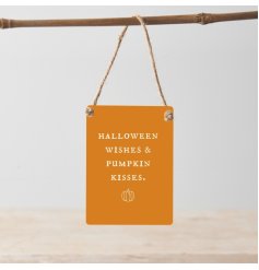 A charming mini metal sign with a Halloween wishes slogan. Complete with rustic jute string for hanging.