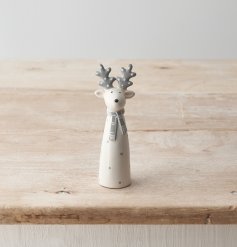 A charming ceramic reindeer ornament with a polka dot design in grey and white.
