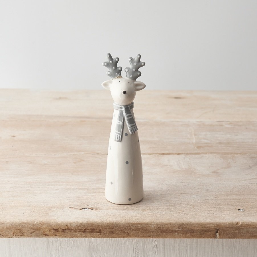 A chic ceramic reindeer ornament in grey and white colours. A neutral decoration to compliment interiors this season.