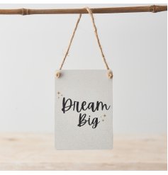 A sweet mini metal sign with "dream big" motivational message, gold star details and rope hanger.