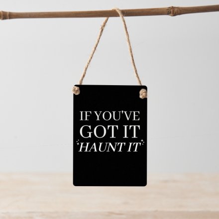 A chic and humorous mini metal sign with a rustic string hanger.