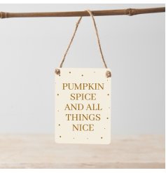 Pumpkin spice and all things nice. A charming mini metal sign with a jute string hanger.