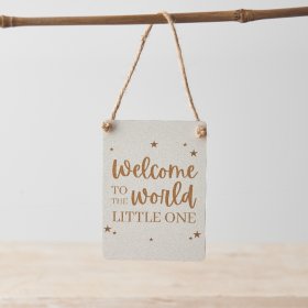 Welcome to the world little one. An adorable and beautifully designed mini metal sign with jute string hanger.