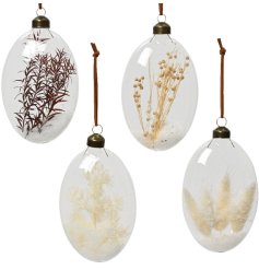 An assortment of 4 boho style glass baubles with brown hangers. Each is filled with dried flowers and artificial snow.