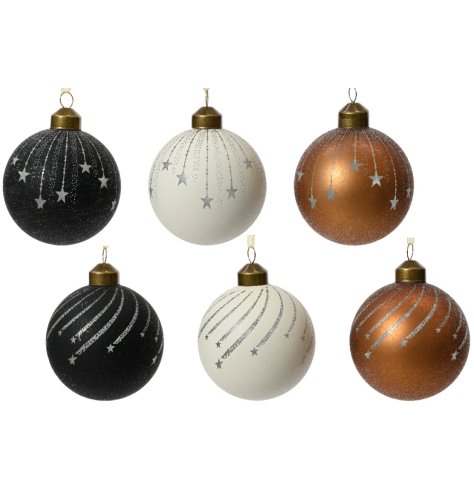 A mix of 6 glass baubles with a matte finish in black, white and copper colours.