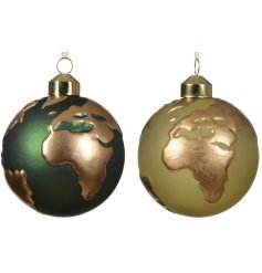 An assortment of 2 unique glass world baubles in green and pistachio coloured designs.