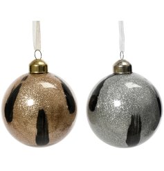 2 stylish and contemporary glass baubles in gold and silver glitter assortments.