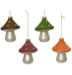 A mix of 4 colourful glass mushrooms with gold glitter spots. Each has an antique finish and simple gold hanger. 