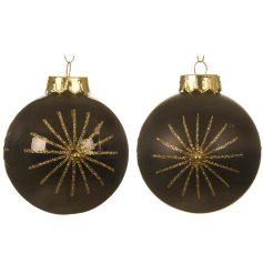 An assortment of 2 luxurious shatterproof baubles in matt and shiny finishes. Each has a gold glitter star design 