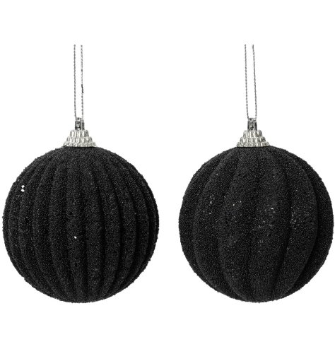 An assortment of 2 black beaded baubles in unique wave and stripe designs. An elegant addition to seasonal displays. 