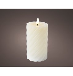 A white pillar candle with a twisted stripe design, melted top detail and led wick flame. 