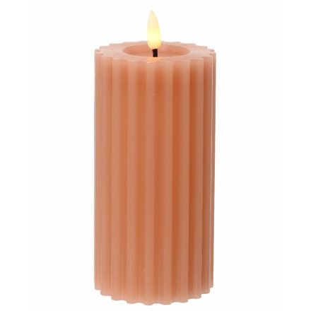 Peach Ribbed LED Wax Candle, 17.3cm