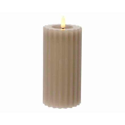 Greige Ribbed LED Wax Candle, 17cm