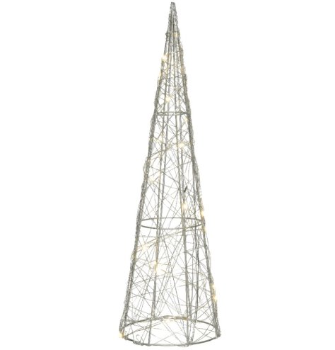 A chic cone shaped tree in silver with warm glow LED lights. 