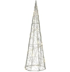 A stylish silver metal cone tree wrapped with warm glow LED lights. A beautiful statement item for the home or garden