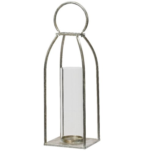 A chic and contemporary iron lantern with a rustic silver finish. 