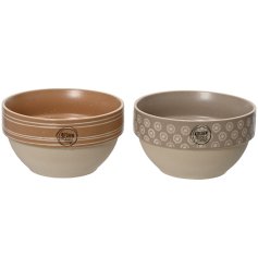 An assortment of 2 stylish bowls in brown and neutral colours. Each has been printed with silkscreen.