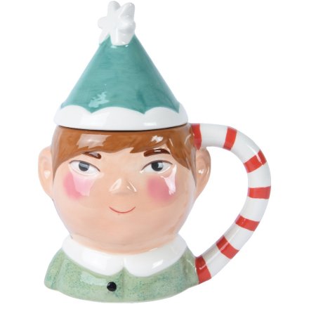 A novelty elf shaped mug with removable hat lid. A fun and unique gift item for your favourite festive drink. 